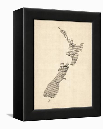 Old Sheet Music Map of New Zealand Map-Michael Tompsett-Framed Stretched Canvas