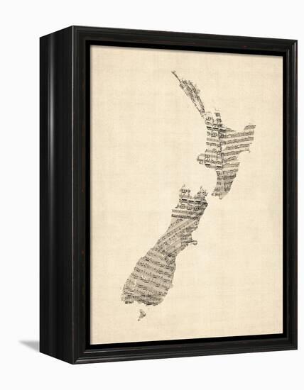 Old Sheet Music Map of New Zealand Map-Michael Tompsett-Framed Stretched Canvas