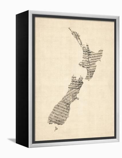 Old Sheet Music Map of New Zealand Map-Michael Tompsett-Framed Stretched Canvas