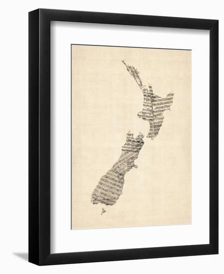 Old Sheet Music Map of New Zealand Map-Michael Tompsett-Framed Premium Giclee Print