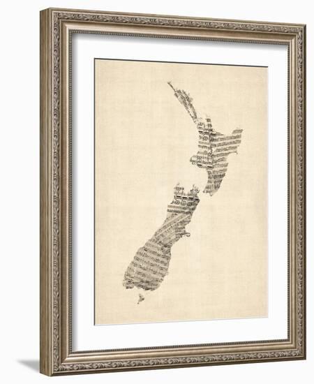 Old Sheet Music Map of New Zealand Map-Michael Tompsett-Framed Art Print