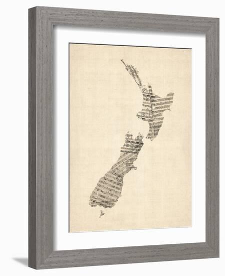 Old Sheet Music Map of New Zealand Map-Michael Tompsett-Framed Art Print