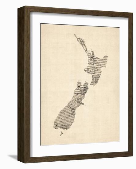 Old Sheet Music Map of New Zealand Map-Michael Tompsett-Framed Art Print