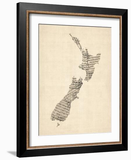 Old Sheet Music Map of New Zealand Map-Michael Tompsett-Framed Art Print