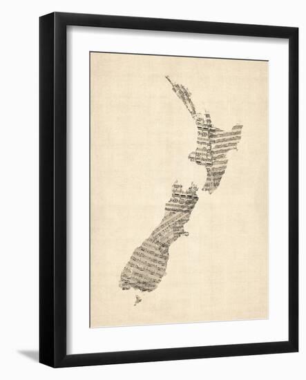 Old Sheet Music Map of New Zealand Map-Michael Tompsett-Framed Art Print