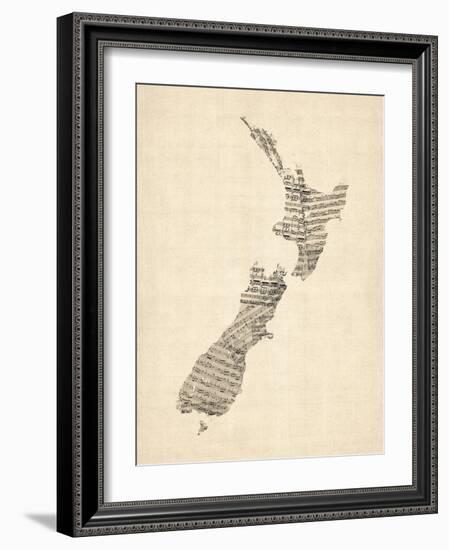 Old Sheet Music Map of New Zealand Map-Michael Tompsett-Framed Art Print