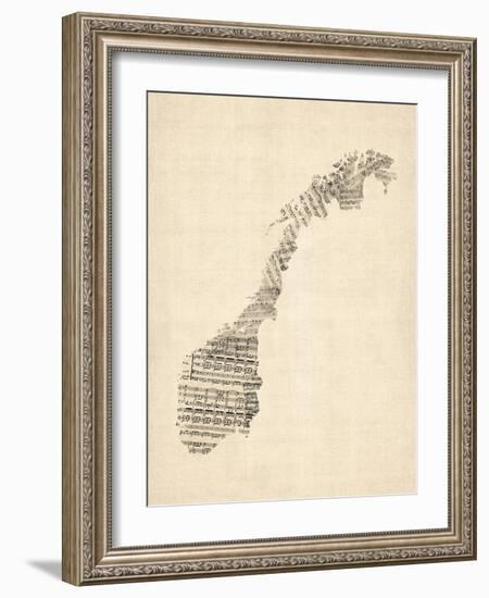 Old Sheet Music Map of Norway-Michael Tompsett-Framed Art Print