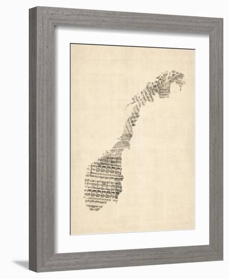 Old Sheet Music Map of Norway-Michael Tompsett-Framed Art Print