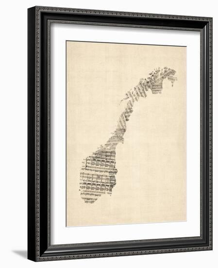 Old Sheet Music Map of Norway-Michael Tompsett-Framed Art Print