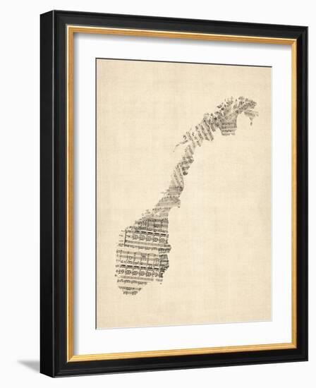 Old Sheet Music Map of Norway-Michael Tompsett-Framed Art Print