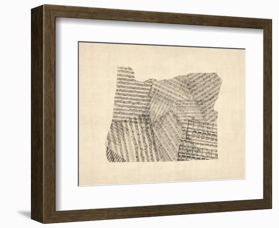 Old Sheet Music Map of Oregon-Michael Tompsett-Framed Art Print