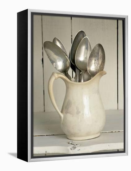 Old Silver Spoon in Light Coloured Ceramic Jug-Ellen Silverman-Framed Premier Image Canvas