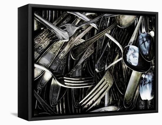 Old Silverware with Reflection of Airplane.-Sabine Jacobs-Framed Premier Image Canvas