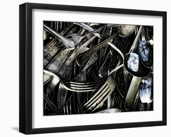 Old Silverware with Reflection of Airplane.-Sabine Jacobs-Framed Photographic Print