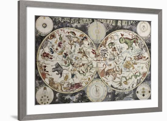 Old Sky Map Depicting Boreal And Austral Hemispheres With Constellations And Zodiac Signs-marzolino-Framed Premium Giclee Print