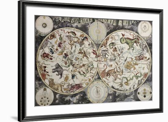 Old Sky Map Depicting Boreal And Austral Hemispheres With Constellations And Zodiac Signs-marzolino-Framed Premium Giclee Print