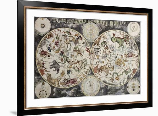 Old Sky Map Depicting Boreal And Austral Hemispheres With Constellations And Zodiac Signs-marzolino-Framed Premium Giclee Print