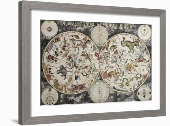 Old Sky Map Depicting Boreal And Austral Hemispheres With Constellations And Zodiac Signs-marzolino-Framed Art Print