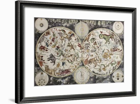 Old Sky Map Depicting Boreal And Austral Hemispheres With Constellations And Zodiac Signs-marzolino-Framed Art Print