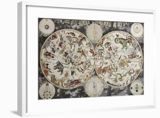 Old Sky Map Depicting Boreal And Austral Hemispheres With Constellations And Zodiac Signs-marzolino-Framed Art Print