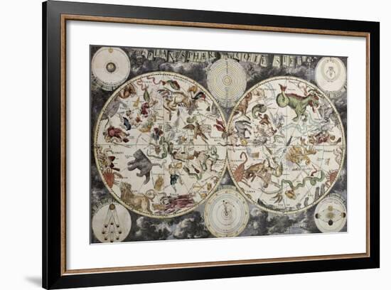 Old Sky Map Depicting Boreal And Austral Hemispheres With Constellations And Zodiac Signs-marzolino-Framed Art Print