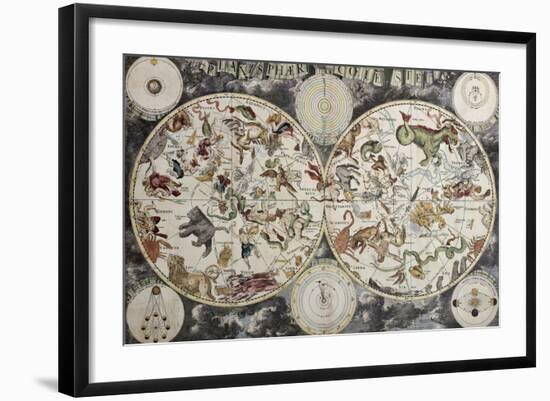 Old Sky Map Depicting Boreal And Austral Hemispheres With Constellations And Zodiac Signs-marzolino-Framed Art Print