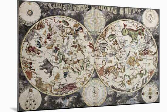 Old Sky Map Depicting Boreal And Austral Hemispheres With Constellations And Zodiac Signs-marzolino-Mounted Art Print