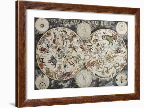 Old Sky Map Depicting Boreal And Austral Hemispheres With Constellations And Zodiac Signs-marzolino-Framed Art Print