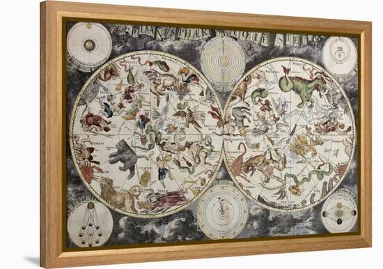 Old Sky Map Depicting Boreal And Austral Hemispheres With Constellations And Zodiac Signs-marzolino-Framed Premier Image Canvas