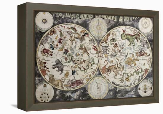 Old Sky Map Depicting Boreal And Austral Hemispheres With Constellations And Zodiac Signs-marzolino-Framed Premier Image Canvas