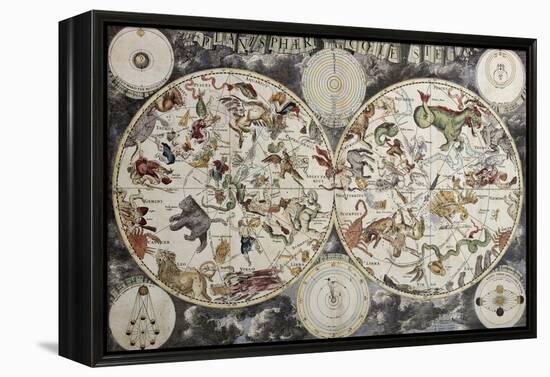 Old Sky Map Depicting Boreal And Austral Hemispheres With Constellations And Zodiac Signs-marzolino-Framed Premier Image Canvas