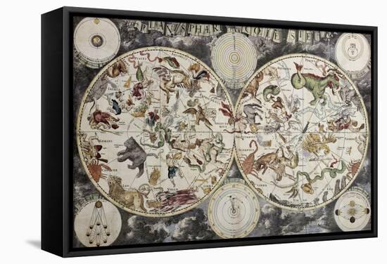 Old Sky Map Depicting Boreal And Austral Hemispheres With Constellations And Zodiac Signs-marzolino-Framed Premier Image Canvas