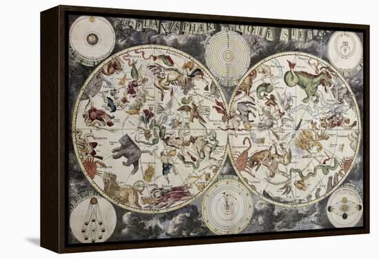 Old Sky Map Depicting Boreal And Austral Hemispheres With Constellations And Zodiac Signs-marzolino-Framed Premier Image Canvas