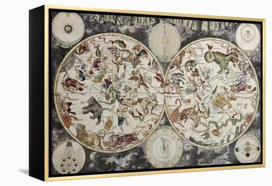 Old Sky Map Depicting Boreal And Austral Hemispheres With Constellations And Zodiac Signs-marzolino-Framed Premier Image Canvas