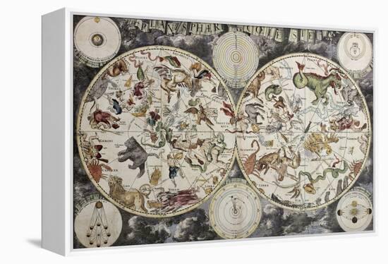 Old Sky Map Depicting Boreal And Austral Hemispheres With Constellations And Zodiac Signs-marzolino-Framed Premier Image Canvas