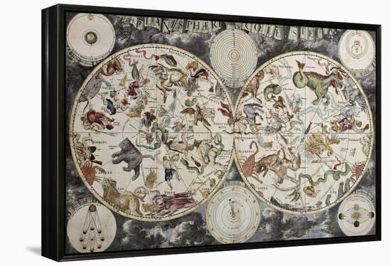 Old Sky Map Depicting Boreal And Austral Hemispheres With Constellations And Zodiac Signs-marzolino-Framed Premier Image Canvas