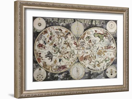 Old Sky Map Depicting Boreal And Austral Hemispheres With Constellations And Zodiac Signs-marzolino-Framed Art Print