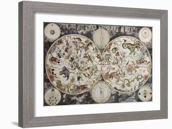 Old Sky Map Depicting Boreal And Austral Hemispheres With Constellations And Zodiac Signs-marzolino-Framed Art Print