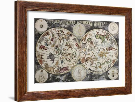 Old Sky Map Depicting Boreal And Austral Hemispheres With Constellations And Zodiac Signs-marzolino-Framed Art Print