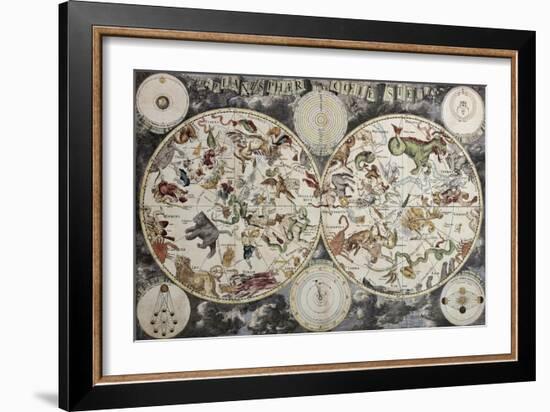 Old Sky Map Depicting Boreal And Austral Hemispheres With Constellations And Zodiac Signs-marzolino-Framed Art Print