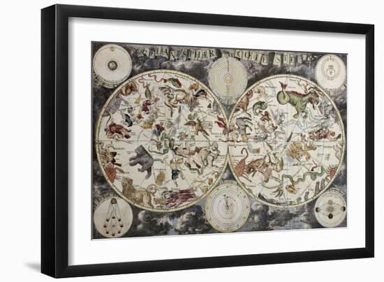 Old Sky Map Depicting Boreal And Austral Hemispheres With Constellations And Zodiac Signs-marzolino-Framed Art Print