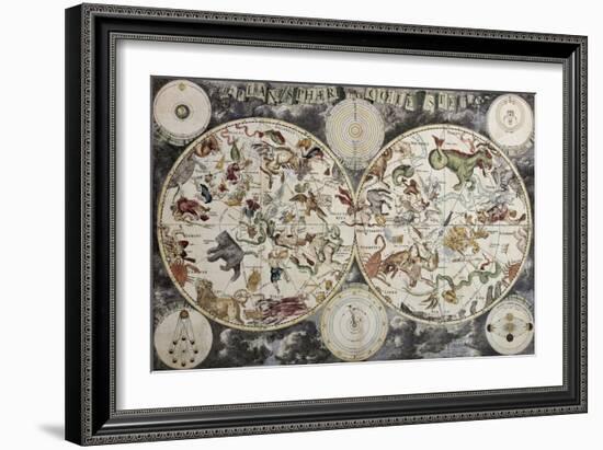 Old Sky Map Depicting Boreal And Austral Hemispheres With Constellations And Zodiac Signs-marzolino-Framed Art Print