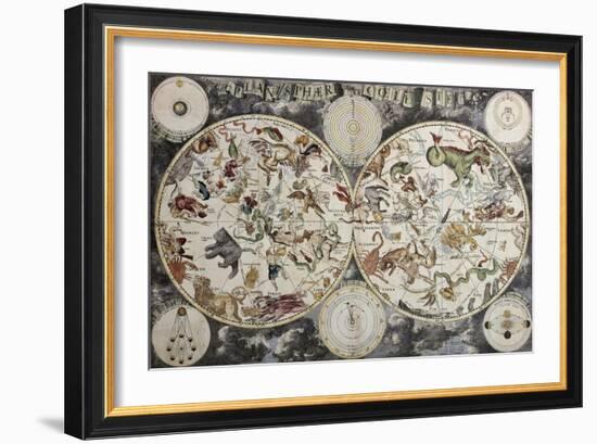 Old Sky Map Depicting Boreal And Austral Hemispheres With Constellations And Zodiac Signs-marzolino-Framed Art Print