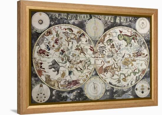 Old Sky Map Depicting Boreal And Austral Hemispheres With Constellations And Zodiac Signs-marzolino-Framed Stretched Canvas