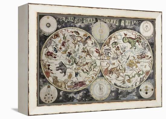 Old Sky Map Depicting Boreal And Austral Hemispheres With Constellations And Zodiac Signs-marzolino-Framed Stretched Canvas