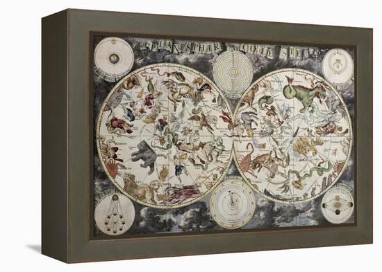 Old Sky Map Depicting Boreal And Austral Hemispheres With Constellations And Zodiac Signs-marzolino-Framed Stretched Canvas