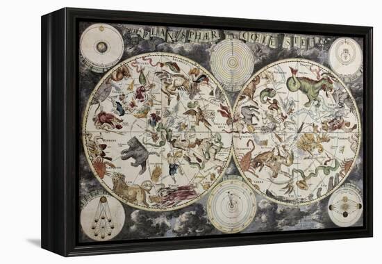 Old Sky Map Depicting Boreal And Austral Hemispheres With Constellations And Zodiac Signs-marzolino-Framed Stretched Canvas
