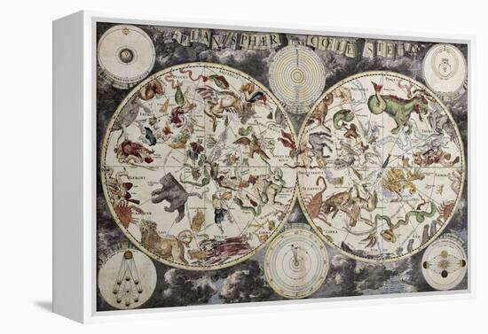 Old Sky Map Depicting Boreal And Austral Hemispheres With Constellations And Zodiac Signs-marzolino-Framed Stretched Canvas