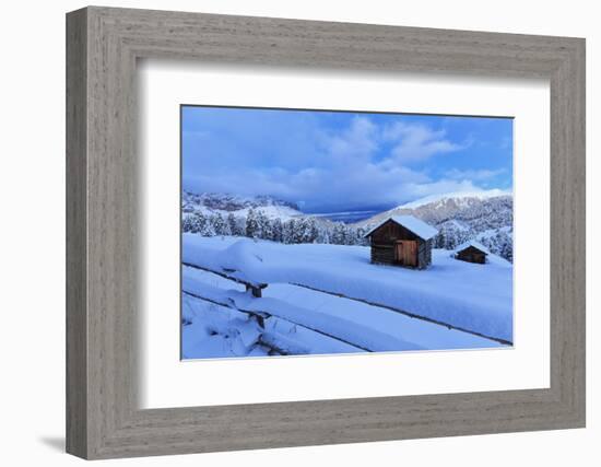 Old snow-covered huts during twilight, Erbe Pass, Funes Valley, Sudtirol (South Tyrol), Dolomites, -Francesco Bergamaschi-Framed Photographic Print