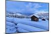 Old snow-covered huts during twilight, Erbe Pass, Funes Valley, Sudtirol (South Tyrol), Dolomites, -Francesco Bergamaschi-Mounted Photographic Print